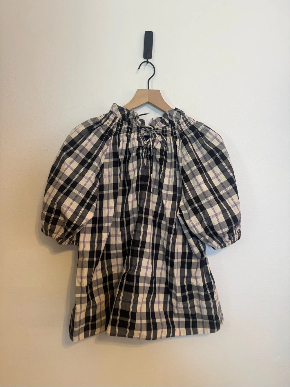 J. Crew Smocked-neck puff-sleeve‎ top in Friday plaid